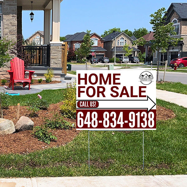 Home Sale Yard Sign - Plain White Strong Maroon - Right Arrow with Logo Design - YardSigns.com