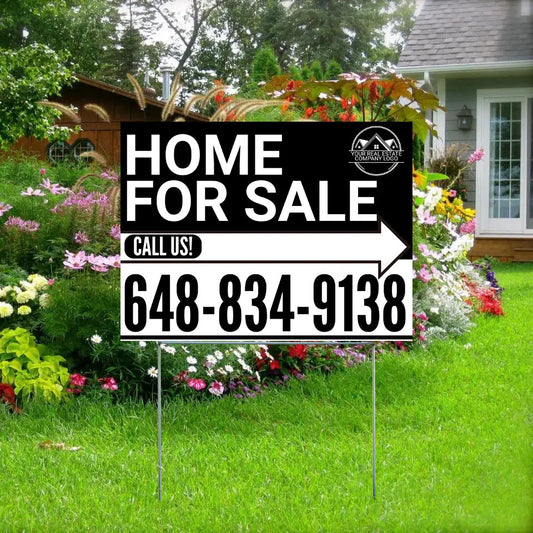 Home Sale Yard Sign - Plain Black White - Right Arrow with Logo Design YardSigns.com