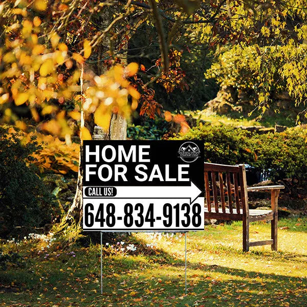 Home Sale Yard Sign - Plain Black White - Right Arrow with Logo Design YardSigns.com