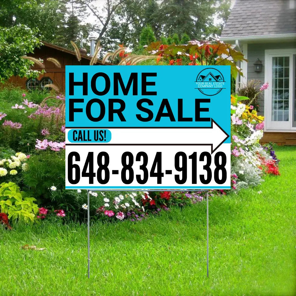 Home Sale Yard Sign - Plain Aqua Blue White - Right Arrow with Logo Design YardSigns.com