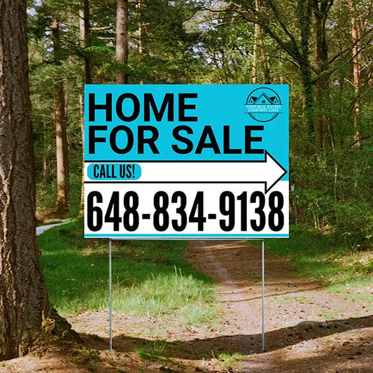 Home Sale Yard Sign - Plain Aqua Blue White - Right Arrow with Logo Design YardSigns.com