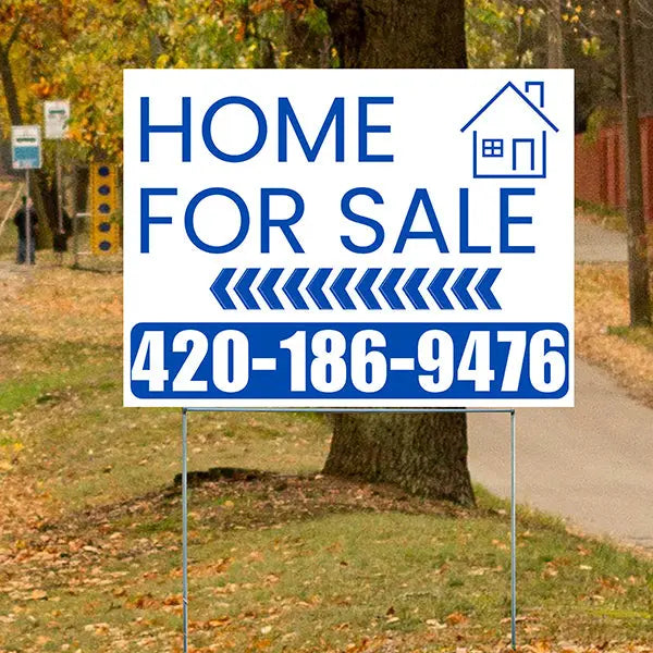 Home Sale Yard Sign - Plain Blue White - Left Arrow Design YardSigns.com
