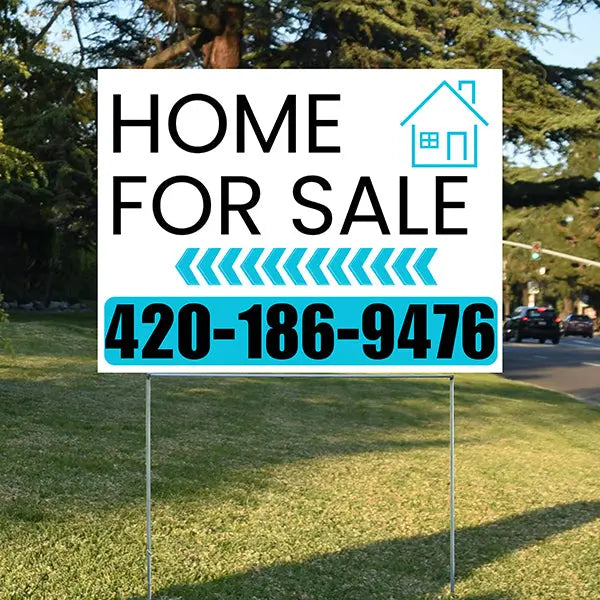 Home Sale Yard Sign - Plain White Aqua Blue - Left Arrow Design YardSigns.com