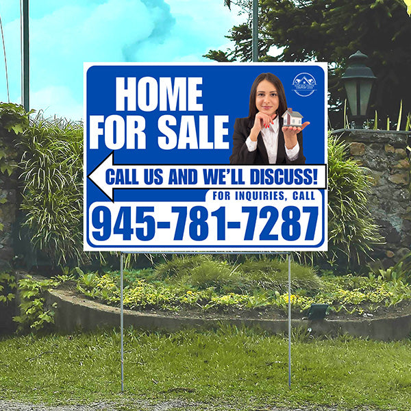 Home For Sale - Arrow with Realtor Image and Logo - Plain White Blue Design - YardSigns.com