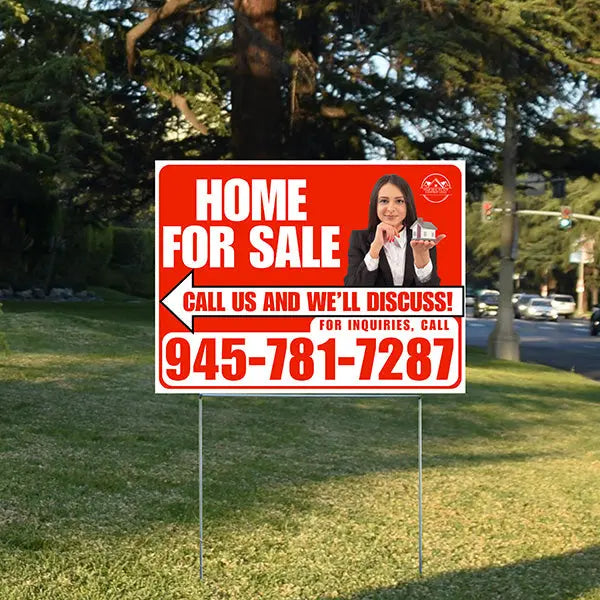 Home For Sale - Arrow with Realtor Image and Logo - Plain White Chili Red Design - YardSigns.com