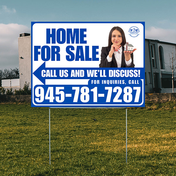 Home For Sale - Arrow with Realtor Image and Logo - Plain Blue White Design - YardSigns.com