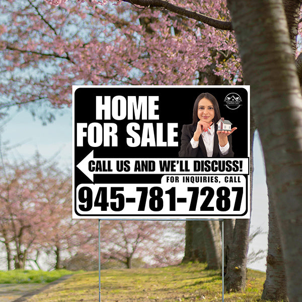 Home For Sale - Arrow with Realtor Image and Logo - Plain White Black Design - YardSigns.com