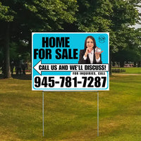 Home For Sale - Arrow with Realtor Image and Logo - Plain White Aqua Blue Design YardSigns.com