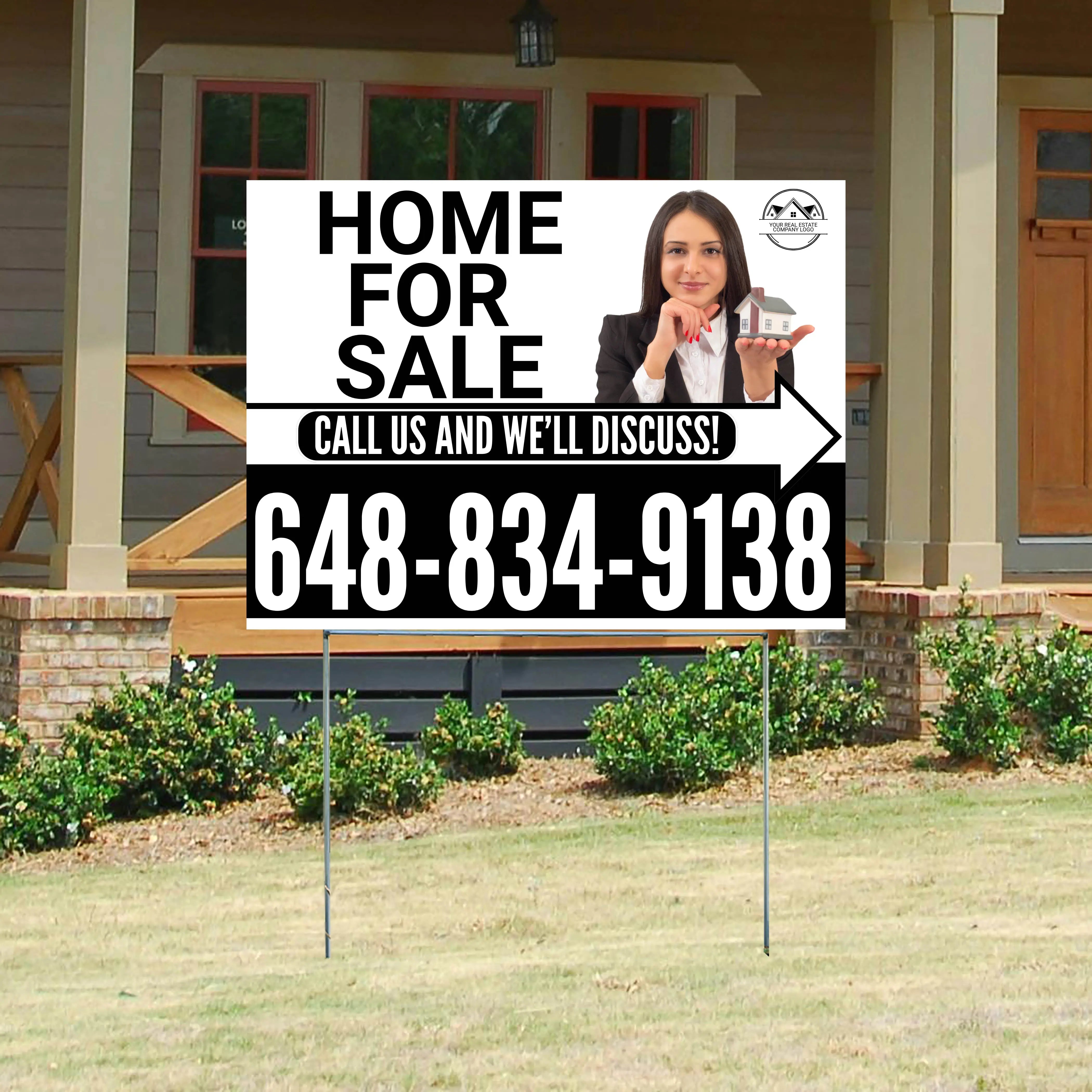 Home For Sale - Arrow with Realtor Image and Logo - Plain White Black Design YardSigns.com