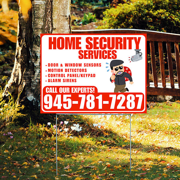 Home Security Services - Door & Window Sensors, Motion Detectors, Control Panel/Keypad, Alarm Sirens - Plain Chili Red White Design - YardSigns.com