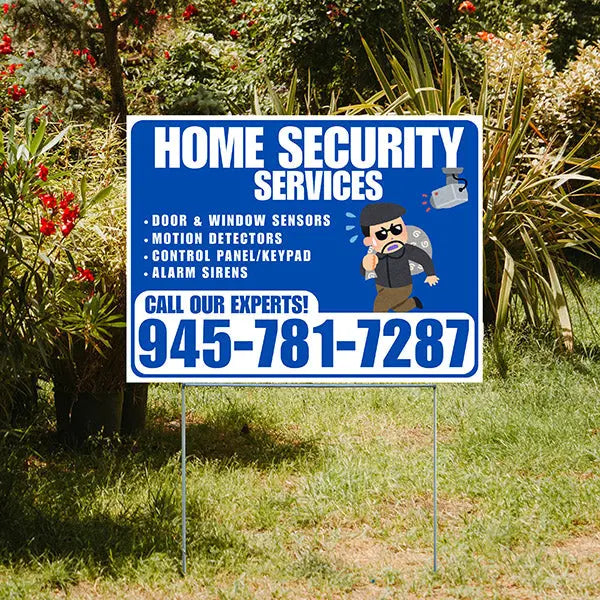 Home Security Services - Door & Window Sensors, Motion Detectors, Control Panel/Keypad, Alarm Sirens - Plain White Blue Design - YardSigns.com