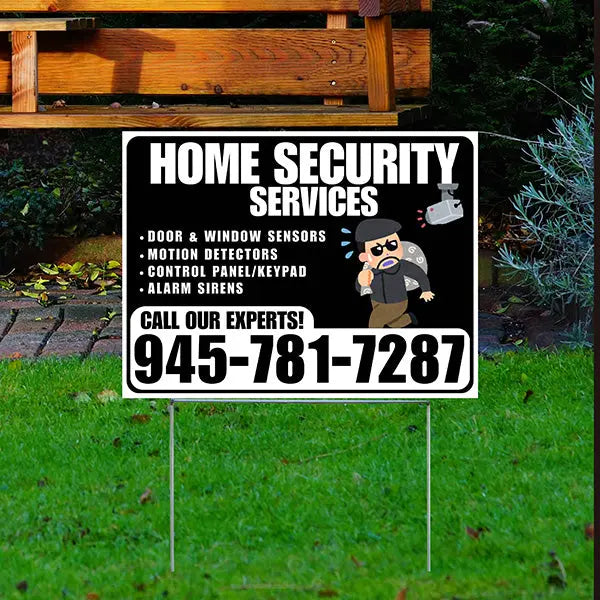Home Security Services - Door & Window Sensors, Motion Detectors, Control Panel/Keypad, Alarm Sirens - Plain White Black Design - YardSigns.com
