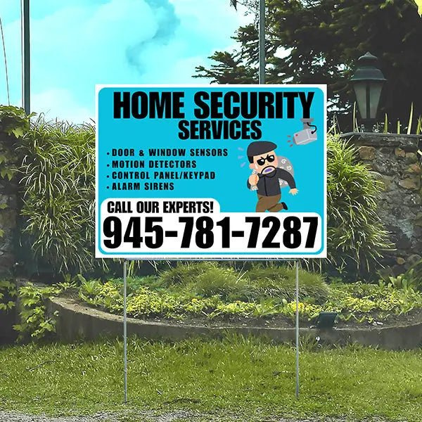 Home Security Services - Door & Window Sensors, Motion Detectors, Control Panel/Keypad, Alarm Sirens - Plain White Aqua Blue Design - YardSigns.com