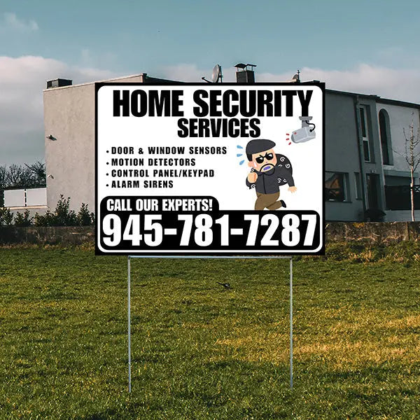 Home Security Services - Door & Window Sensors, Motion Detectors, Control Panel/Keypad, Alarm Sirens - Plain Black White Design - YardSigns.com