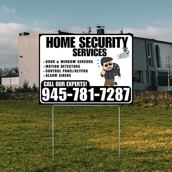 Home Security Services - Door & Window Sensors, Motion Detectors, Control Panel/Keypad, Alarm Sirens - Plain Black White Design - YardSigns.com