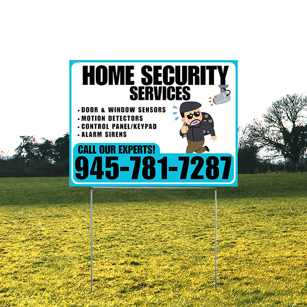 Home Security Services - Door & Window Sensors, Motion Detectors, Control Panel/Keypad, Alarm Sirens - Plain Aqua Blue White Design - YardSigns.com