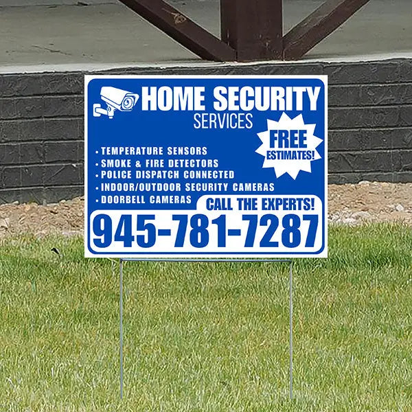 Home Security Services - Temperature Sensors, Smoke & Fire Detectors, Police Dispatch Connected, Indoor/Outdoor Security Cameras, Doorbell Cameras - Free Estimates - Plain Blue White Design - YardSigns.com