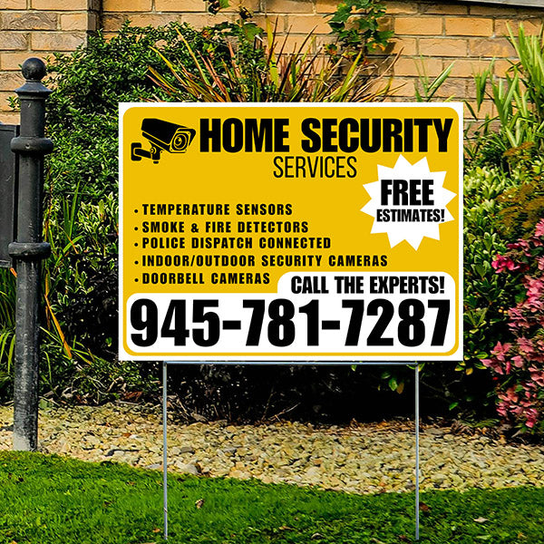 Home Security Services - Temperature Sensors, Smoke & Fire Detectors, Police Dispatch Connected, Indoor/Outdoor Security Cameras, Doorbell Cameras - Free Estimates - Plain Mustard Gold White Design - YardSigns.com