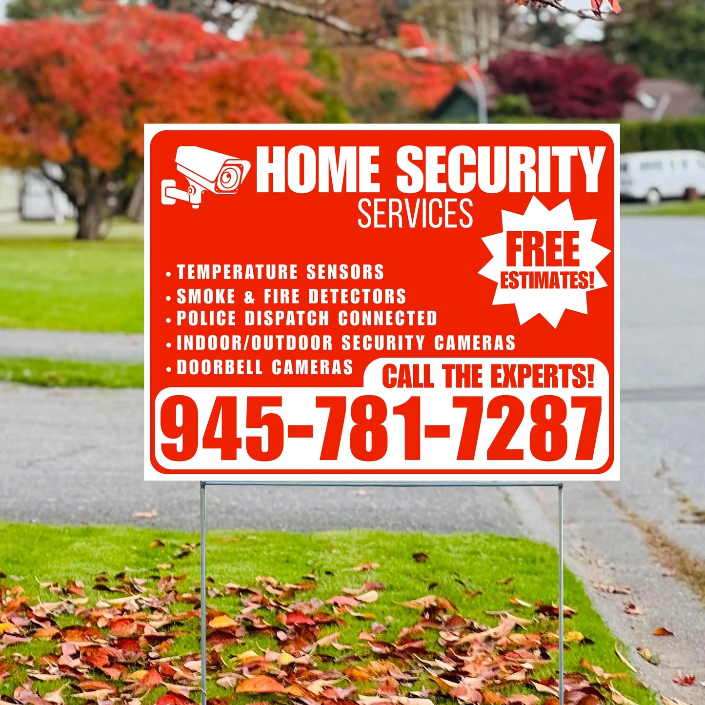 Home Security Services - Temperature Sensors, Smoke & Fire Detectors, Police Dispatch Connected, Indoor/Outdoor Security Cameras, Doorbell Cameras - Free Estimates - Plain Chili Red White Design - YardSigns.com