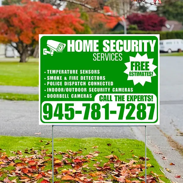 Home Security Services - Temperature Sensors, Smoke & Fire Detectors, Police Dispatch Connected, Indoor/Outdoor Security Cameras, Doorbell Cameras - Free Estimates - Plain Green White Design - YardSigns.com