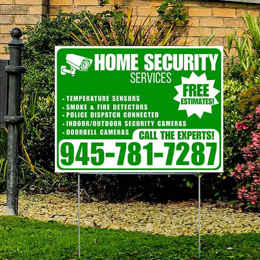 Home Security Services - Temperature Sensors, Smoke & Fire Detectors, Police Dispatch Connected, Indoor/Outdoor Security Cameras, Doorbell Cameras - Free Estimates - Plain Green White Design - YardSigns.com