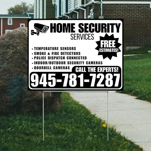 Home Security Services - Temperature Sensors, Smoke & Fire Detectors, Police Dispatch Connected, Indoor/Outdoor Security Cameras, Doorbell Cameras - Free Estimates - Plain White Black Design - YardSigns.com