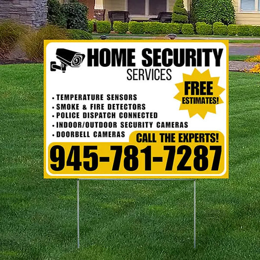 Home Security Services - Temperature Sensors, Smoke & Fire Detectors, Police Dispatch Connected, Indoor/Outdoor Security Cameras, Doorbell Cameras - Free Estimates - Plain White Mustard Gold Design - YardSigns.com