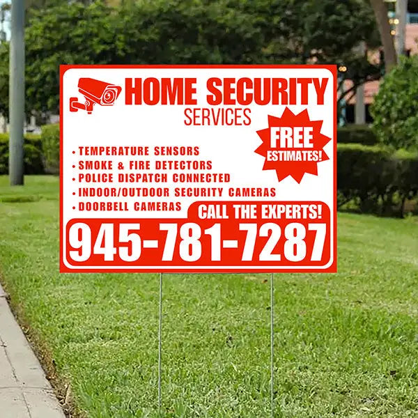 Home Security Services - Temperature Sensors, Smoke & Fire Detectors, Police Dispatch Connected, Indoor/Outdoor Security Cameras, Doorbell Cameras - Free Estimates - Plain White Chili Red Design - YardSigns.com