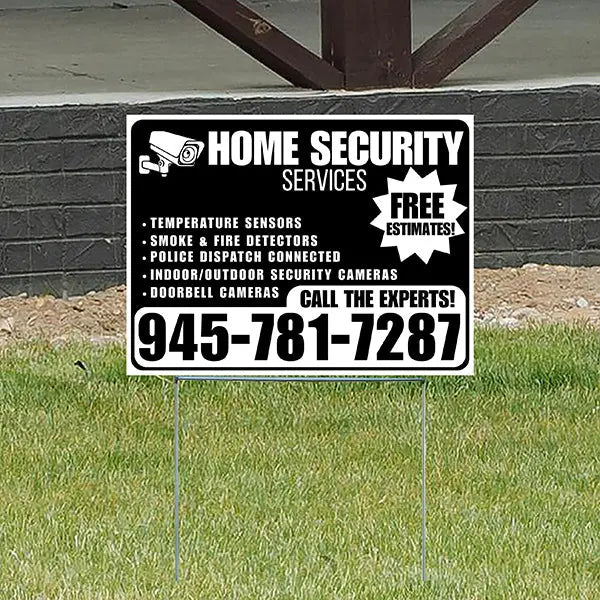 Home Security Services - Temperature Sensors, Smoke & Fire Detectors, Police Dispatch Connected, Indoor/Outdoor Security Cameras, Doorbell Cameras - Free Estimates - Plain Black White Design - YardSigns.com