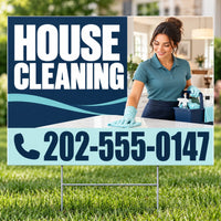 Cleaners/Maids Signs - House Cleaning Yard Sign with Cleaner - Navy & Aqua - 24 x 18 YardSigns.com