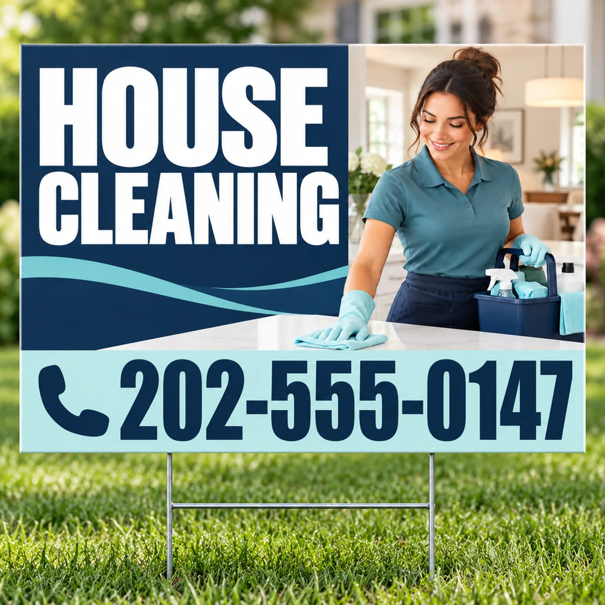 Cleaners/Maids Signs - House Cleaning Yard Sign with Cleaner - Navy & Aqua - 24 x 18 YardSigns.com