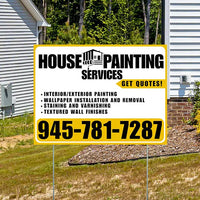 Painters Sign - Interior/Exterior Painting, Wallpaper Installation and Removal, Staining and Varnishing, Textured Wall Finishes with Get Quotes - Plain White Mustard Gold Design YardSigns.com