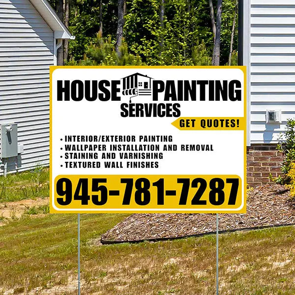 Painters Sign - Interior/Exterior Painting, Wallpaper Installation and Removal, Staining and Varnishing, Textured Wall Finishes with Get Quotes - Plain White Mustard Gold Design YardSigns.com