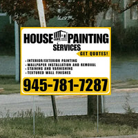 Painters Sign - Interior/Exterior Painting, Wallpaper Installation and Removal, Staining and Varnishing, Textured Wall Finishes with Get Quotes - Plain White Mustard Gold Design YardSigns.com
