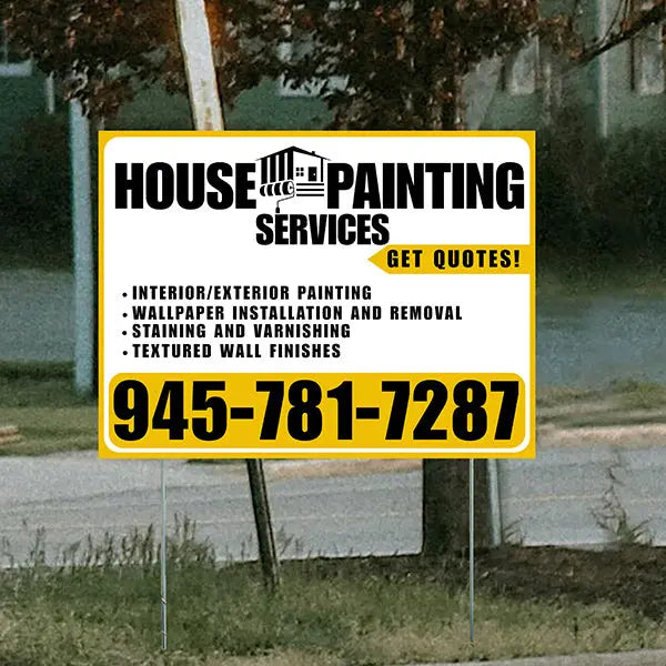 Painters Sign - Interior/Exterior Painting, Wallpaper Installation and Removal, Staining and Varnishing, Textured Wall Finishes with Get Quotes - Plain White Mustard Gold Design YardSigns.com