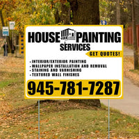 Painters Sign - Interior/Exterior Painting, Wallpaper Installation and Removal, Staining and Varnishing, Textured Wall Finishes with Get Quotes - Plain White Mustard Gold Design YardSigns.com