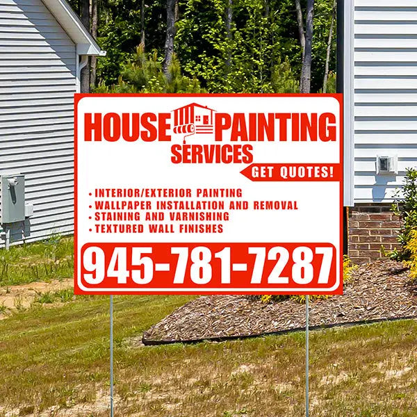 Painters Sign - Interior/Exterior Painting, Wallpaper Installation and Removal, Staining and Varnishing, Textured Wall Finishes with Get Quotes - Plain White Chili Red Design YardSigns.com