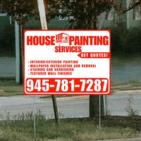 Painters Sign - Interior/Exterior Painting, Wallpaper Installation and Removal, Staining and Varnishing, Textured Wall Finishes with Get Quotes - Plain White Chili Red Design YardSigns.com