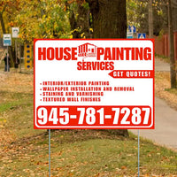 Painters Sign - Interior/Exterior Painting, Wallpaper Installation and Removal, Staining and Varnishing, Textured Wall Finishes with Get Quotes - Plain White Chili Red Design YardSigns.com