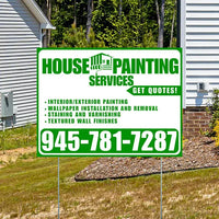 Painters Sign - Interior/Exterior Painting, Wallpaper Installation and Removal, Staining and Varnishing, Textured Wall Finishes with Get Quotes - Plain White Green Design YardSigns.com