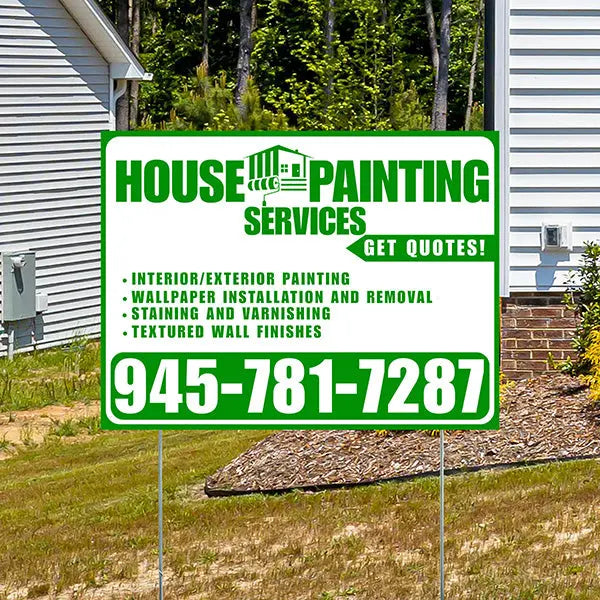 Painters Sign - Interior/Exterior Painting, Wallpaper Installation and Removal, Staining and Varnishing, Textured Wall Finishes with Get Quotes - Plain White Green Design YardSigns.com