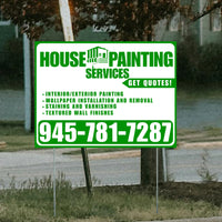Painters Sign - Interior/Exterior Painting, Wallpaper Installation and Removal, Staining and Varnishing, Textured Wall Finishes with Get Quotes - Plain White Green Design YardSigns.com