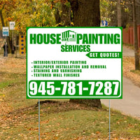 Painters Sign - Interior/Exterior Painting, Wallpaper Installation and Removal, Staining and Varnishing, Textured Wall Finishes with Get Quotes - Plain White Green Design YardSigns.com
