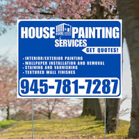 Painters Sign - Interior/Exterior Painting, Wallpaper Installation and Removal, Staining and Varnishing, Textured Wall Finishes with Get Quotes - Plain Blue White Design YardSigns.com