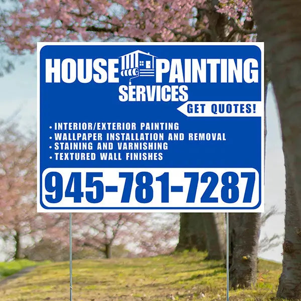 Painters Sign - Interior/Exterior Painting, Wallpaper Installation and Removal, Staining and Varnishing, Textured Wall Finishes with Get Quotes - Plain Blue White Design YardSigns.com