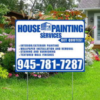 Painters Sign - Interior/Exterior Painting, Wallpaper Installation and Removal, Staining and Varnishing, Textured Wall Finishes with Get Quotes - Plain White Blue Design YardSigns.com