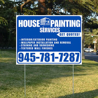 Painters Sign - Interior/Exterior Painting, Wallpaper Installation and Removal, Staining and Varnishing, Textured Wall Finishes with Get Quotes - Plain Blue White Design YardSigns.com