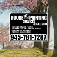 Painters Sign - Interior/Exterior Painting, Wallpaper Installation and Removal, Staining and Varnishing, Textured Wall Finishes with Get Quotes - Plain Black White Design YardSigns.com