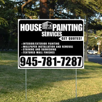 Painters Sign - Interior/Exterior Painting, Wallpaper Installation and Removal, Staining and Varnishing, Textured Wall Finishes with Get Quotes - Plain Black White Design YardSigns.com