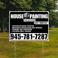 Painters Sign - Interior/Exterior Painting, Wallpaper Installation and Removal, Staining and Varnishing, Textured Wall Finishes with Get Quotes - Plain Black White Design YardSigns.com